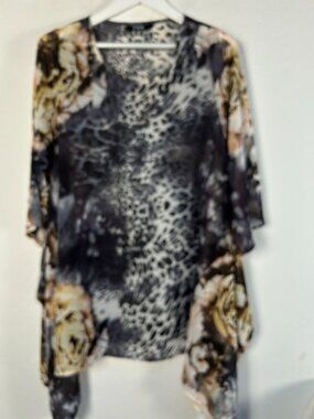 Tov Los Angeles Womens Leopard Sheer Kimono Tunic Top Blouse Size 40 Black Brown